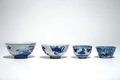 Eight Chinese blue and white cups and saucers and two bowls, Kangxi and later