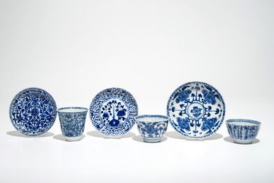 Thirteen Chinese blue and white cups and saucers, Kangxi and later
