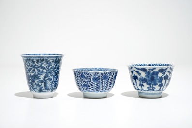 Thirteen Chinese blue and white cups and saucers, Kangxi and later