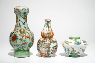 Two Chinese Canton famille rose vases and a covered bowl, 19th C.