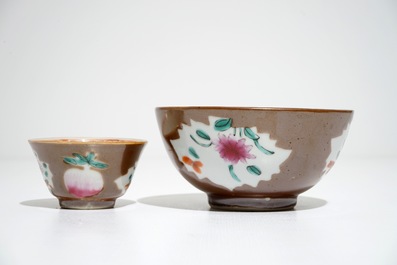 Two Chinese famille rose capucin-ground bowls and eight cups and saucers, Qianlong