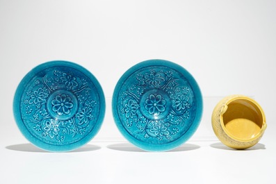 A pair of Chinese turquoise floral bowls and a yellow incense burner, Qianlong mark, 19/20th C.