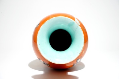 A Chinese coral-ground vase with immortals, Qianlong mark, Republic, 20th C.