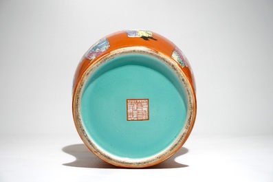 A Chinese coral-ground vase with immortals, Qianlong mark, Republic, 20th C.