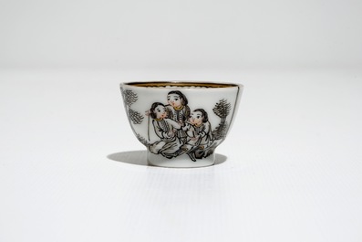Six Chinese miniature grisaille cups and saucers with Jesuits, Qianlong