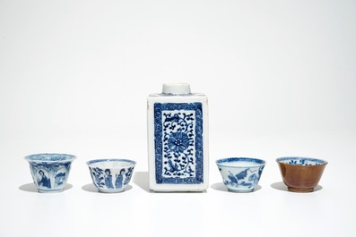 A Chinese blue and white square tea caddy, four cups and saucers and five plates, Kangxi and later