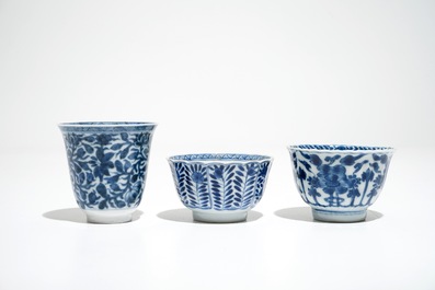 Thirteen Chinese blue and white cups and saucers, Kangxi and later