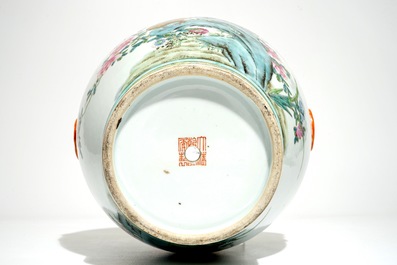 A Chinese famille rose hu vase with birds among flowers on rockwork, Qianlong mark, 19/20th C.