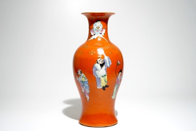 A Chinese coral-ground vase with immortals, Qianlong mark, Republic, 20th C.