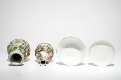Two Chinese Canton famille rose vases and a covered bowl, 19th C.