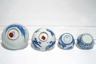 Eight Chinese blue and white cups and saucers and two bowls, Kangxi and later
