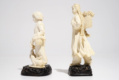 Two Chinese ivory figures on wooden stands, 2nd quarter 20th C.