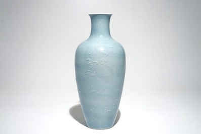 A Chinese monochrome lavender-blue vase with underglaze design, Yongzheng mark, 19th C.