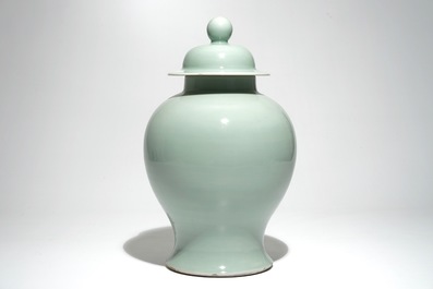 A Chinese monochrome celadon baluster vase and cover, 19th C.