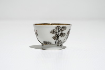 Six Chinese miniature grisaille cups and saucers with Jesuits, Qianlong