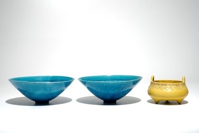 A pair of Chinese turquoise floral bowls and a yellow incense burner, Qianlong mark, 19/20th C.