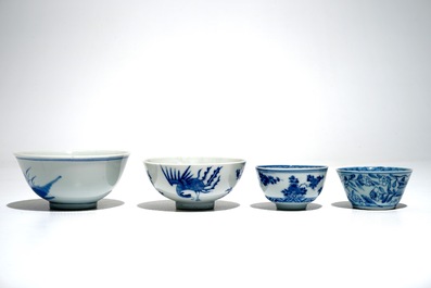 Eight Chinese blue and white cups and saucers and two bowls, Kangxi and later