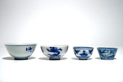 Eight Chinese blue and white cups and saucers and two bowls, Kangxi and later