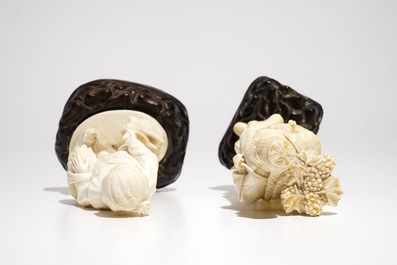 Two Chinese ivory figures on wooden stands, 2nd quarter 20th C.