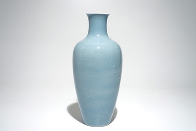 A Chinese monochrome lavender-blue vase with underglaze design, Yongzheng mark, 19th C.