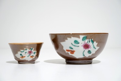 Two Chinese famille rose capucin-ground bowls and eight cups and saucers, Qianlong