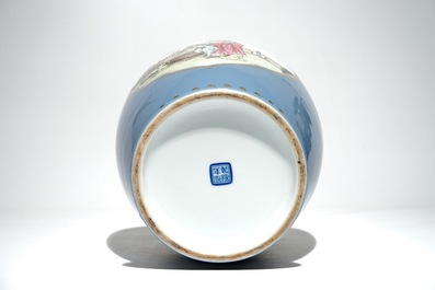 A Chinese famille rose on lavender-blue-ground vase, Qianlong mark, Republic, 20th C.