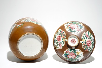 A large Chinese Batavian ware famille rose covered bowl, Qianlong