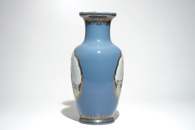 A Chinese famille rose on lavender-blue-ground vase, Qianlong mark, Republic, 20th C.