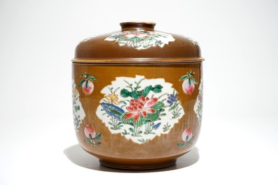 A large Chinese Batavian ware famille rose covered bowl, Qianlong