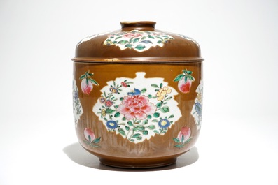 A large Chinese Batavian ware famille rose covered bowl, Qianlong
