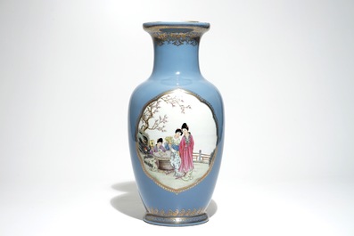 A Chinese famille rose on lavender-blue-ground vase, Qianlong mark, Republic, 20th C.