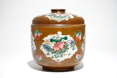 A large Chinese Batavian ware famille rose covered bowl, Qianlong