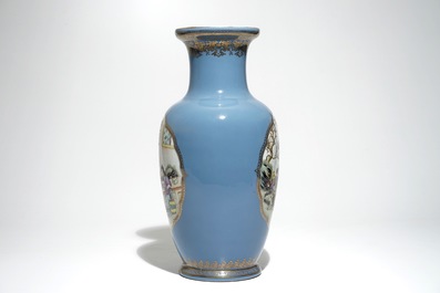 A Chinese famille rose on lavender-blue-ground vase, Qianlong mark, Republic, 20th C.