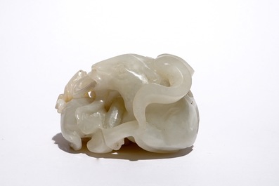 A Chinese white jade carving of a "Three rams" group, 19/20th C.