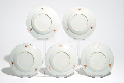 Five Chinese famille rose plates with floral design, Qianlong