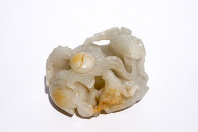 A Chinese white jade carving of a "Three rams" group, 19/20th C.