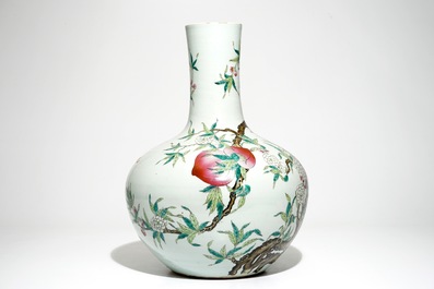 A fine Chinese famille rose tianqiu ping &ldquo;Nine peaches&rdquo; vase, Guangxu mark, 19/20th C.