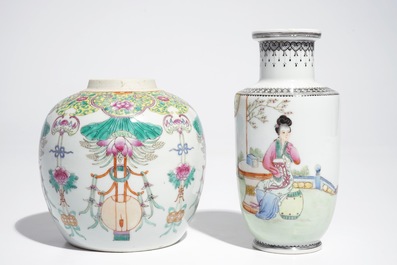 Four Chinese famille rose and verte plates and two vases, Qianlong, 19th and 20th C.