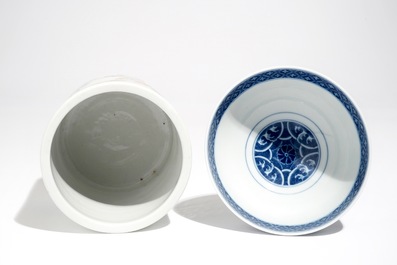 A Chinese blue and white bowl, a qianjiang cai brush pot and an iron red plate, 19/20th C.