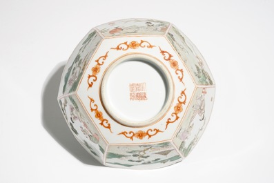 A Chinese hexagonal famille rose bowl, Jiaqing mark, 19/20th C.