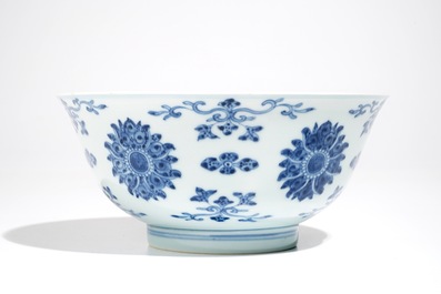 A Chinese blue and white lotus bowl, Qianlong mark and period