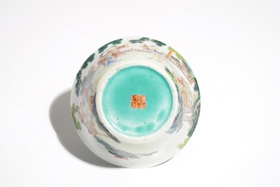A small Chinese famille rose bowl with figural design, Jiaqing mark and period