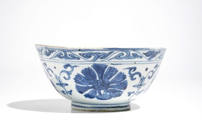 A Chinese blue and white bowl and a qilin plate, Ming, and a Cizhou plate, Jin/Song