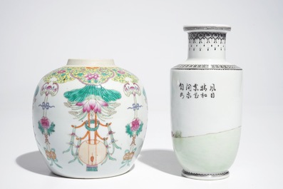 Four Chinese famille rose and verte plates and two vases, Qianlong, 19th and 20th C.