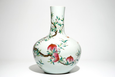 A fine Chinese famille rose tianqiu ping &ldquo;Nine peaches&rdquo; vase, Guangxu mark, 19/20th C.