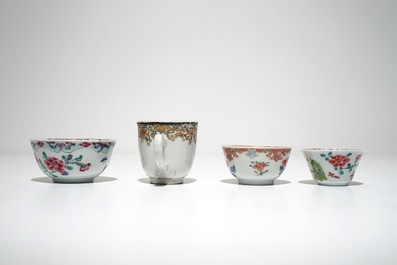 Four Chinese famille rose cups and saucers, Yongzheng/Qianlong