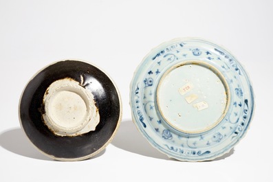 A Chinese blue and white bowl and a qilin plate, Ming, and a Cizhou plate, Jin/Song