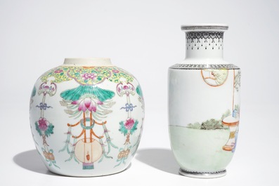 Four Chinese famille rose and verte plates and two vases, Qianlong, 19th and 20th C.
