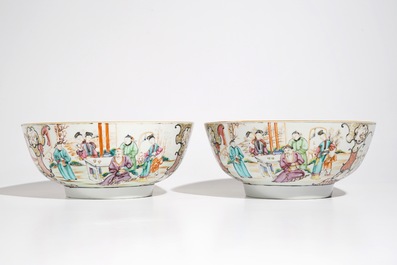 A pair of large Chinese famille rose mandarin bowls, Qianlong