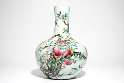 A fine Chinese famille rose tianqiu ping &ldquo;Nine peaches&rdquo; vase, Guangxu mark, 19/20th C.